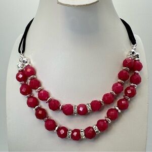 White House Black Market Red Jade Beaded Necklace Double Strand Rhinestone NWT
